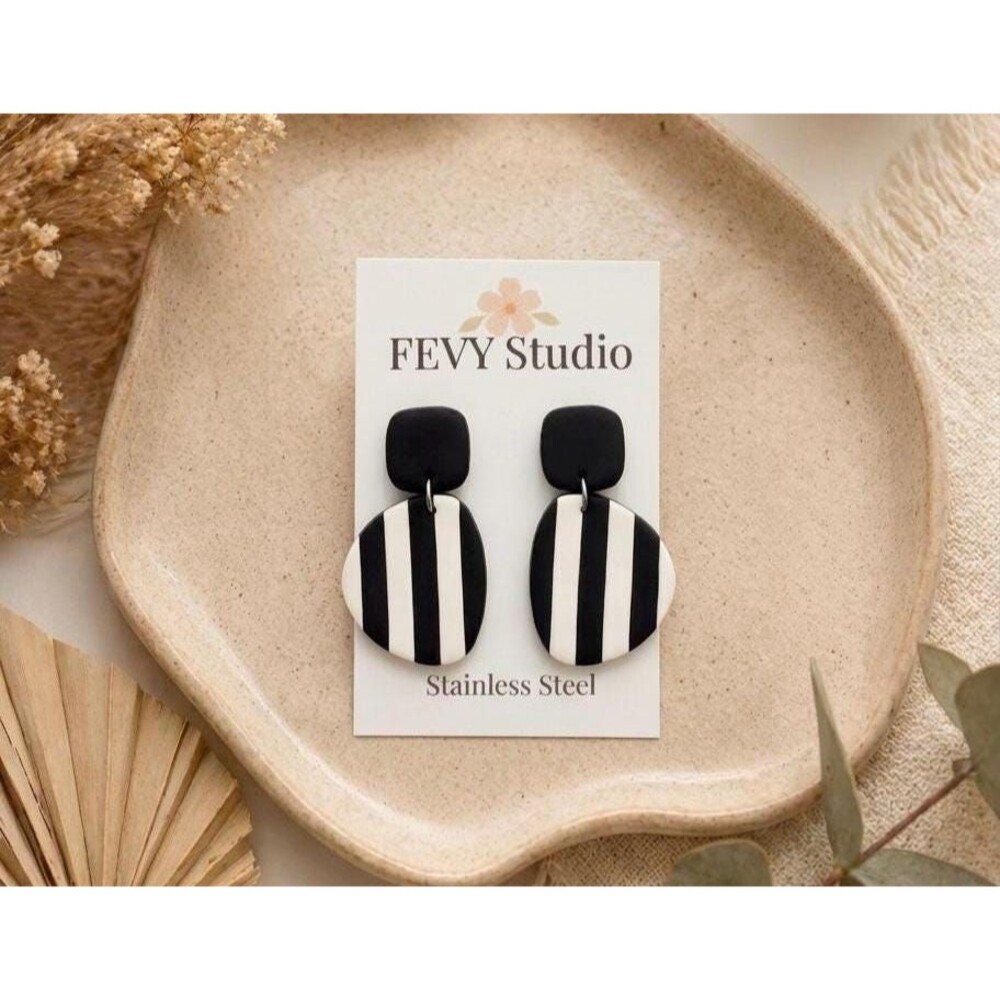 Black White Striped Polymer Clay Earrings, Minimalist Dangles, Gift for Her